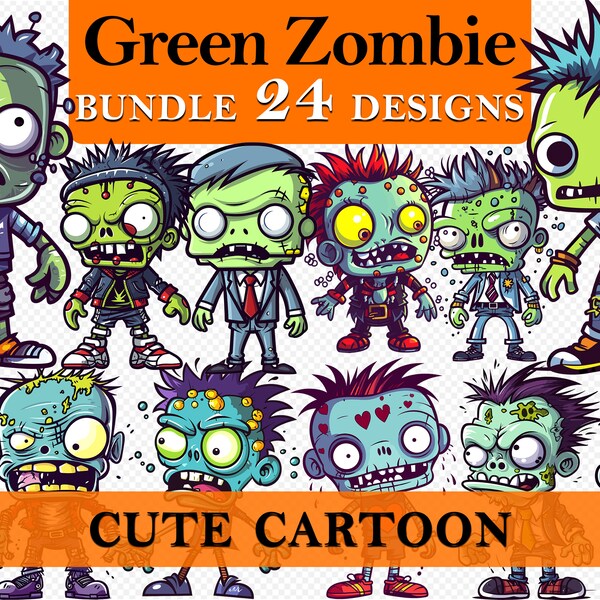 24 Zombie Cute Cartoon Clipart Bundle Spooky Green Graphics,  Paper Craft, Zombie art, Printable, Wall Decor, Party , Commercial Use PNG SVG