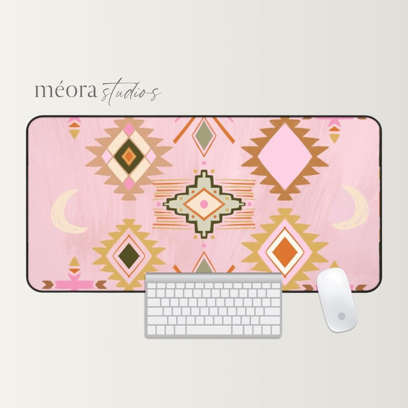 Cute Desk Mat Pink Western Moon Diamond Pattern, Boho Desk Mat, Cute