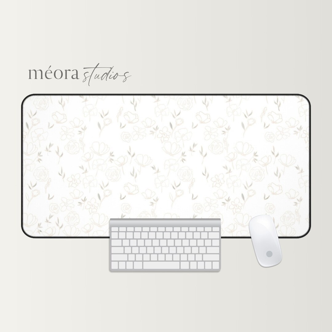 White Cottagecore Desk Mat With Green Flowers, Cottage Core Flower