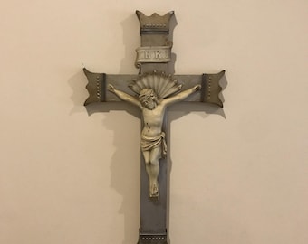 Vintage Antique Cast Iron Metal Wood Large Crucifix 18.5” x 11” Catholic