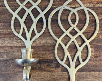 VTG Brass Wall Scounces 15” Celtic Knot Pair Taper Candles Gothic Revival