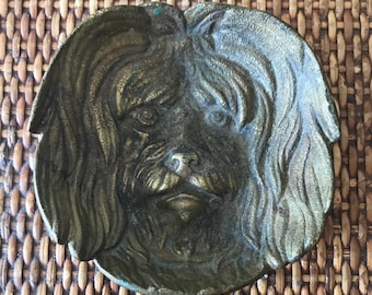 Antique Copperplate Brass Spaniel Lhasa Apso Dog Trinket Coin Ash Tray 4” VTG