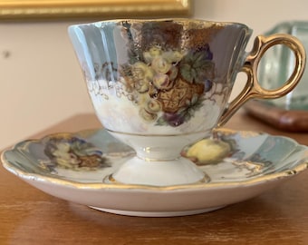 Vtg LM Royal Halsey China Iridescent Hand Painted Teacup and Saucer Lusterware