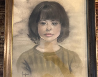 Vtg Chalk Pastel Portrait Of Young  Girl Profile Signed Circa 1960 1970 Big Eyes