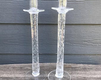 VTG Hand Blown Bubble Glass Candlesticks Holders 15” Crackle Clear