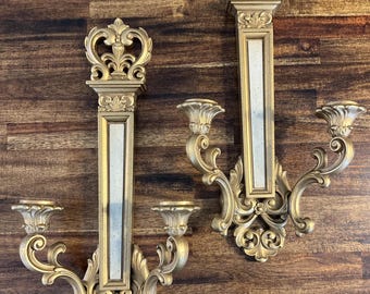 Set of 2 Vtg 1969 Syroco Homco Gold Toned Candle Holder Wall Sconces #4061 USA