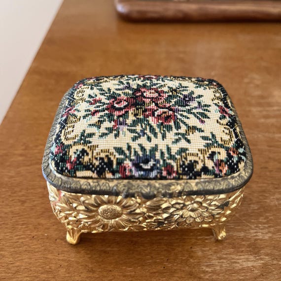 Vtg Stitched Trinket Jewelry Footed Hinged Box Brass Metal 3” W Japan