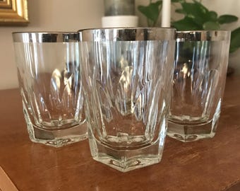 Juego de 4 vasos bajos para whisky con borde de platino, estilo vintage MCM, de 4 1/4 pulgadas.