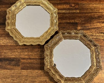 Espejos octogonales estilo Hollywood Regency vintage (juego de 2), adorno de pared de resina dorada para galería