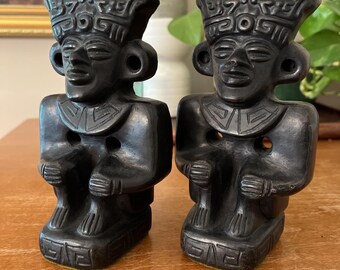 Sujetalibros de cerámica negra vintage hechos a mano, estilo azteca tallado a mano, estilo mesoamericano, 6 pulgadas.