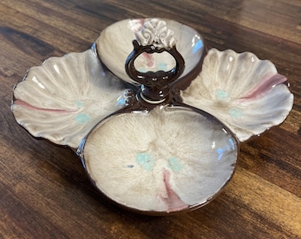 VTG Pottery 4 Section Snack Tray MCM Japan Drip Glaze 10”x10” Ring Plate