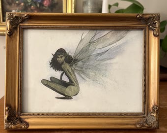 Cuadro con estampado de hadas, marco dorado, reverso de terciopelo, 5x7