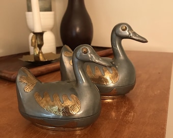 Zinn und Messing Ente Deckelschale Trinket MCM Vintage Mid-Century Decor