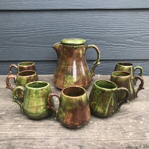 Juego de taza, tetera y jarra de cerámica vintage para té y café, estilo MCM (Modern Style), para aficionados, de arcilla esmaltada.