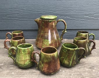 VTG Pottery Tea Coffee Service Mug Pot Pitcher Set Hobbyist MCM Clay Glazed