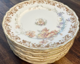 Platos Haviland Limoges China France de 19 cm (7,5 pulgadas) con diseño floral y borde dorado antiguo. Juego de 8 unidades. NOTA