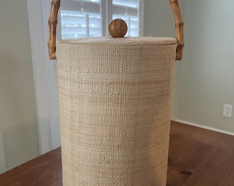 Vintage Grass Cloth 10-in Tall Ice Bucket With Bamboo Handle and Tongs MCM '70s