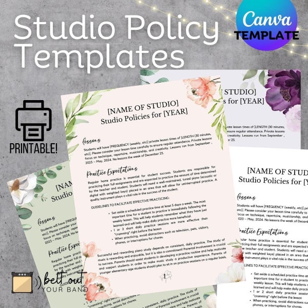 Studio Policy Templates - 4 Designs - Canva Template, fully editable, printable, and customizable for piano teachers