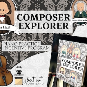 Könnte beinhalten: Ein druckbares Klavier-Übungsprogramm mit Anreizen, das Komponisten wie Franz Liszt und Johann Sebastian Bach zeigt. Das Programm enthält eine farbenfrohe Illustration eines Klaviers und einer Geige. Der Text "COMPOSER EXPLORER" ist in großen, fetten Buchstaben dargestellt.