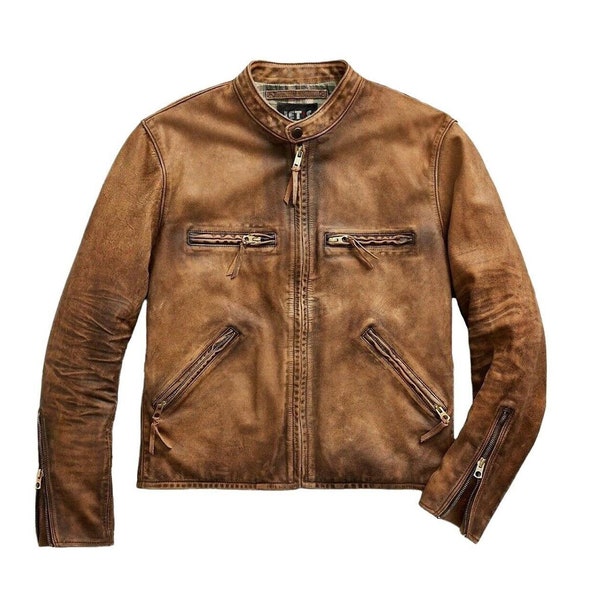 1920s cafe racer vintage style distressed tan wax brown genuine cowhide leather biker jacket mens handmade motorcycle rider coat