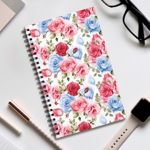 Blaues und rosafarbenes Notizbuch mit Rosenbindung | Blank Seite Notizbuch | Gepunktetes Notizbuch | Liniertes Notizbuch | Aufgabenliste Notizbuch | Floral gepunktetes Journal