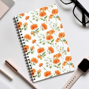 Oranges Notizbuch mit Ringelblumen | Blank Seite Notizbuch | Gepunktetes Notizbuch | Liniertes Notizbuch | Aufgabenliste Notizbuch | Floral gepunktet Journa