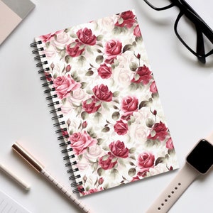 Taccuino con rilegatura a rosa bianca e rosa / Taccuino con pagine vuote / Taccuino punteggiato / Taccuino a righe / Taccuino con elenco attività / Diario floreale punteggiato