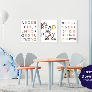 Playroom Wall Art, Playroom Decor, Playroom Prints, Let&#39;s Play All Day, Let&#39;s Read, Nursery Wall Art, ABC Poster, Printable, Digital Files