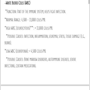 May include: A screenshot of a mobile phone displaying a medical chart with information about white blood cells (WBC) and red blood cells (RBC). The chart lists the function, normal range, and possible causes of high and low levels of each type of blood cell.
