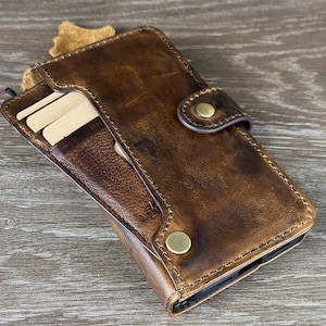 Handmade Leather Wallet Case For Samsung Galaxy / Apple iPhone Black Wax Full Grain, Card Holder, Cash Slot, ID Window