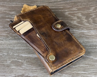 Handgefertigte Leder-Geldbörsenhülle für Samsung Galaxy / Apple iPhone, schwarzes, gewachstes Vollnarbenleder, mit Kartenfach, Geldscheinfach und Ausweisfenster.