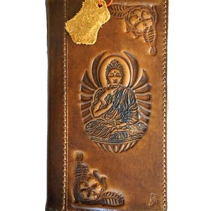 Echte handgemachte Ledertasche Luxus Stempel verziert Buddha Karten Apple iPhone 16 15 14 13 12 11 8 7 Pro Max Plus Mini SE XS Brieftasche Cover