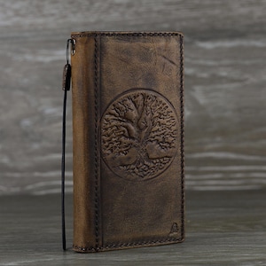 Custodia in vera pelle per Galaxy Fold 6 5 4 3 con scomparti per carte di credito, portafoglio vintage, stampaggio fatto a mano, design dell'albero della vita di ArtAmit