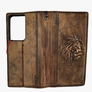 Custodia in vera pelle per Galaxy S24 S23 S22 S21 S20 FE Ultra 9 10 20 21 A15 A34 A35 A71 A25 A54 A14 A53 4G 5G Plus con stampa a smalto, motivo leone