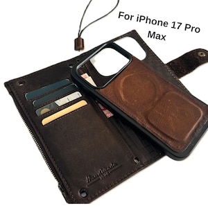 Funda tipo cartera de piel auténtica hecha a mano para iPhone 17, 16, 15, 14, 13, 12, 11 SE, E, XS. Remaches de piel premium con cremallera marrón para iPhone 17 Pro Max.