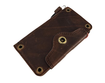 May include: A brown leather wallet with a snap closure and brass-colored rivets. The wallet has a textured surface and a small loop for attaching a lanyard or key ring. The design is simple and functional.