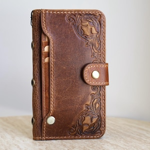 Leren hoesje voor iPhone 18 - X, Pro Max, vintage portemonnee met bloemenprint | Handgemaakt van volnerfleer | Geschikt voor 17 Pro, 17 Pro Max, inclusief kaartsleuven