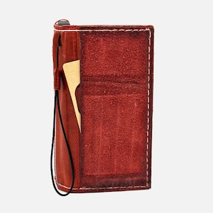 Funda tipo cartera de piel auténtica hecha a mano para iPhone 16, 15, 14, 13, 12 y 11 SE, E y XS. Funda de ante rojo premium con bolsillo. Piel roja. Regalo para ella.