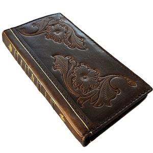 Capa de couro genuíno para Apple iPhone 7 8 11 12 13 14 15 16 Pro Max Plus Mini SE XS Capa tipo carteira com compartimentos para livros Bíblia Grande arte decorada Amit