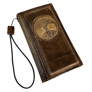 Handmade Genuine Leather Wallet Case for iPhone 17 16 15 14 13 12 11 SE E XS – Premium LeatherSuede Tree Of life iPhone 17 Pro Max