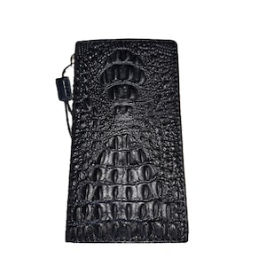 Funda de piel auténtica hecha a mano para iPhone 16, 15, 14, 13, 12, 11, 8, 7 Pro Max Plus, Mini SE, XS, cartera negra con estampado de cocodrilo de ArtAmit