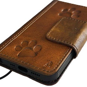 Funda de piel auténtica para iPhone 16, 15, 14, 13, 12, 11, 8, 7 Pro Max Plus, Mini SE, XS, E, estilo cartera, con estampado de perro, ArtAmit