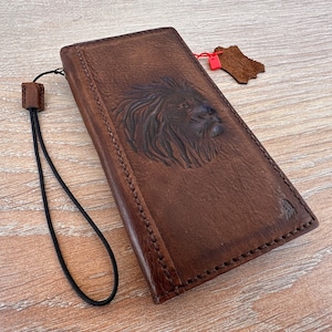 Genuine Leather For Galaxy S24 S23 S22 S21 S20 FE Ultra Note 8 9 10 20 21 A13 A71 A51 A12 A31 4G 5G Plus Brown Lion Case Wallet By ArtAmit