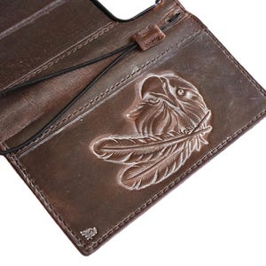 Google Pixel 11 Pro XL, Lanyard Leather Wallet, Distressed Embossed Eagle - Handmade, Genuine Full Grain Hide