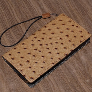 Custodia per telefono Samsung Galaxy S22-S26 Ultra in pelle di struzzo, portafoglio fatto a mano / crema, scomparti per carte, fodera in pelle scamosciata