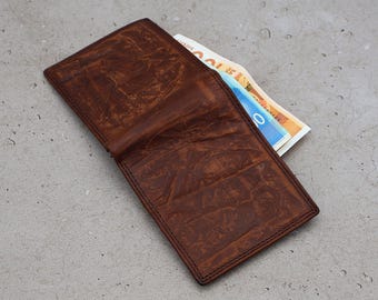 Portefeuille en cuir pleine fleur fait main - 2 volets marron vintage