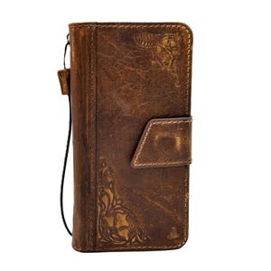 Handgemaakte lederen portemonnee-hoesje voor iPhone 16 15 14 13 12 11 SE E XS – handgemaakte bruin lederen magnetische sluiting reliëfdecoraties