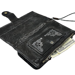 Funda de cuero genuino para OnePlus 12, 12R y 13, hecha a mano, inalámbrica, de lujo, con ranuras para tarjetas, decorada en gris vintage, con cremallera y bolsillo para dinero.