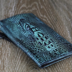 Echt leer voor OnePlus 12 12R Portemonnee Portemonnee Handgemaakt Draadloos Luxe Dubbele Sleuven Kaart Ouderwetse Speciale Groene Stempelkrokodil