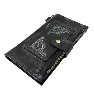 Custodia in vera pelle per Galaxy Z Fold 7, 6, 5, 4, 3, portafoglio, porta carte, libro, stile vintage, grigio antico, decorata, tasca con cerniera per soldi.